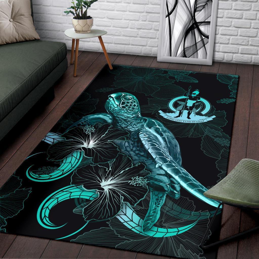 Vanuatu Polynesian Area Rugs - Turtle With Blooming Hibiscus Turquoise - Vibe Hoodie Shop