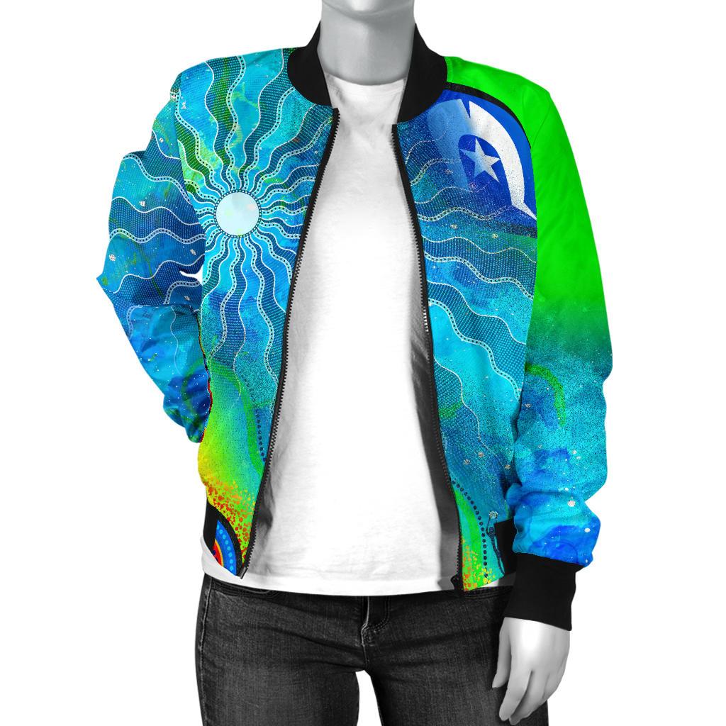 Women's Bomber Jacket - Torres Strait Islanders Flag with Aboriginal Patterns Jacket - Vibe Hoodie Shop