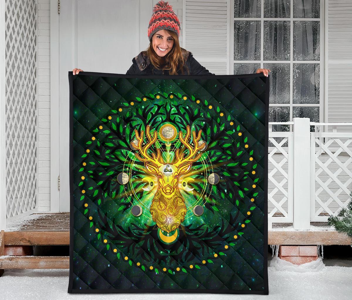 Celtic Pagan Deer Premium Quilt - Moon Phases Deer with Tree of Life - Vibe Hoodie Shop