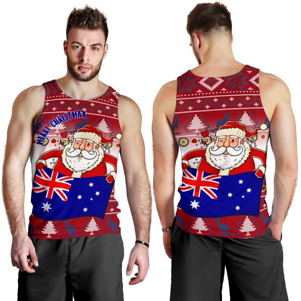 Christmas Men's Tank Top - Australia Santa Claus Hold The Flag (Red) - Vibe Hoodie Shop