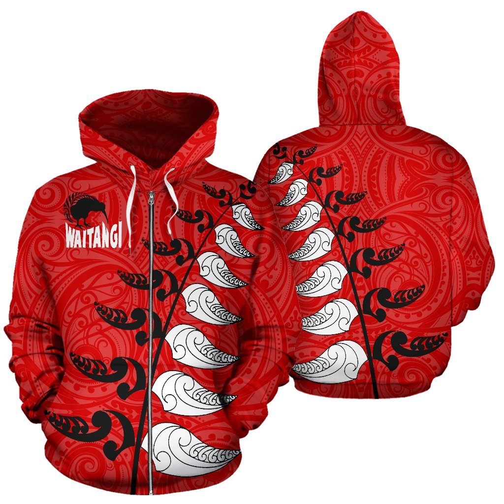 New Zealand Waitangi Day Hoodie, Maori Silver Fern Zip Up Hoodie, Red Style - Vibe Hoodie Shop