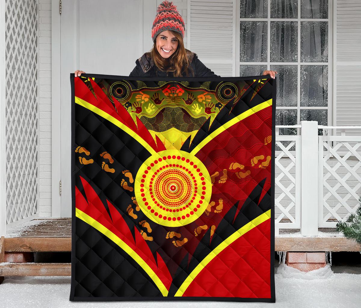 Aboriginal Premium Quilt - Indigenous Flag With Footprint Hand Art - Vibe Hoodie Shop