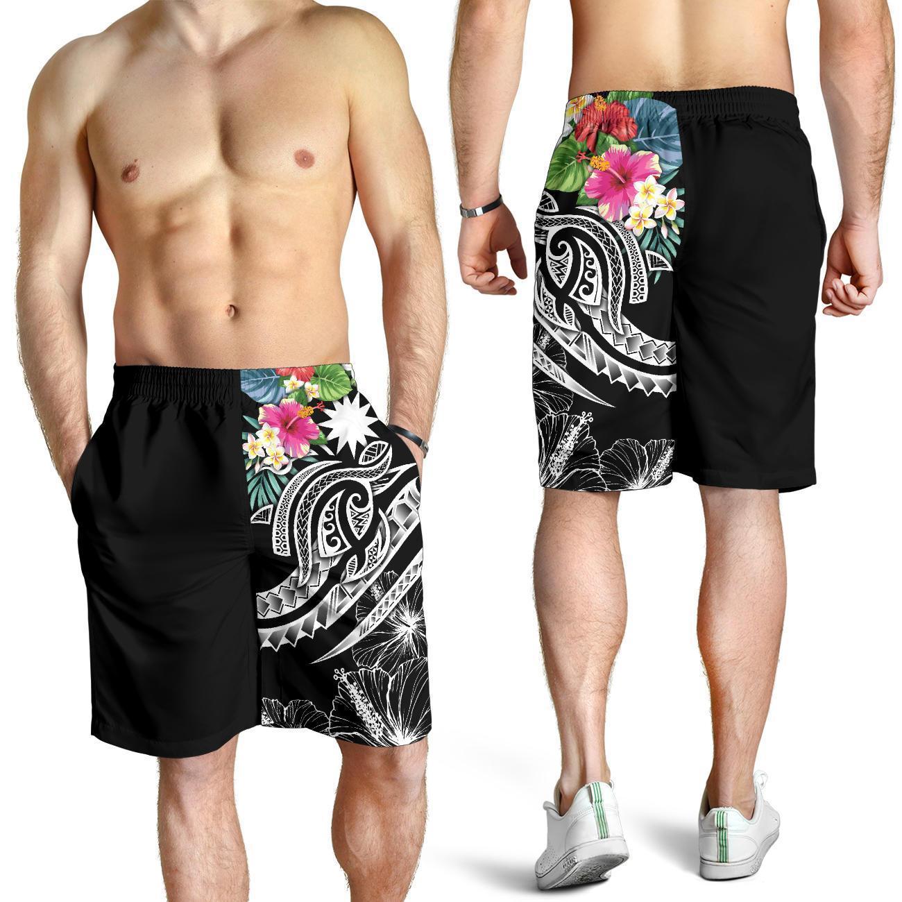 Nauru Polynesian Men's Shorts - Summer Plumeria (Black) - Vibe Hoodie Shop