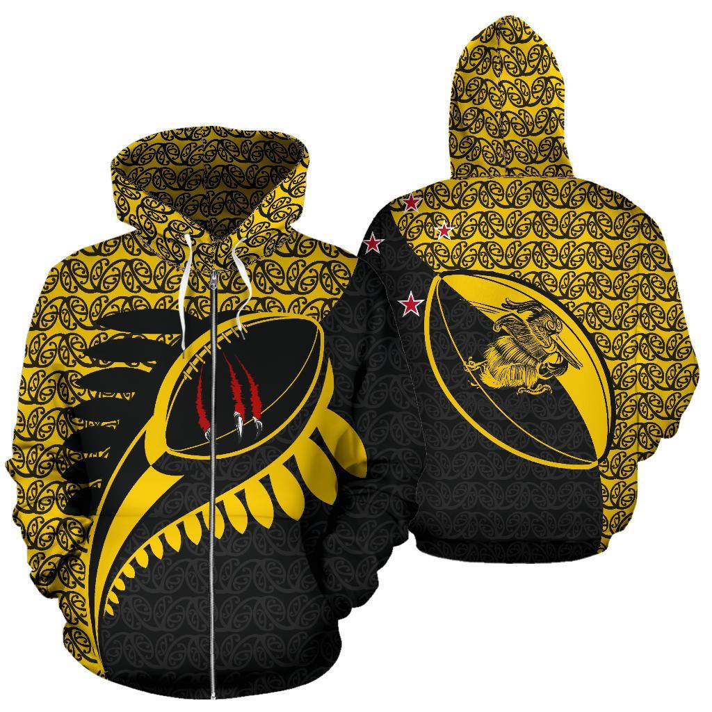 New Zealand Claws On Rugby Ball Zip Up Hoodie Yellow - Vibe Hoodie Shop