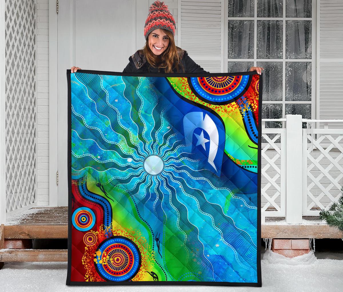 Premium Quilt Torres Strait Islanders Flag with Aboriginal Patterns Quilt - Vibe Hoodie Shop