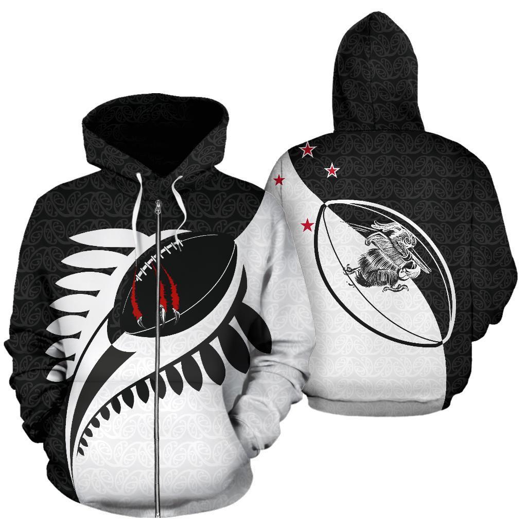 New Zealand Claws On Rugby Ball Zip Up Hoodie Black - Vibe Hoodie Shop