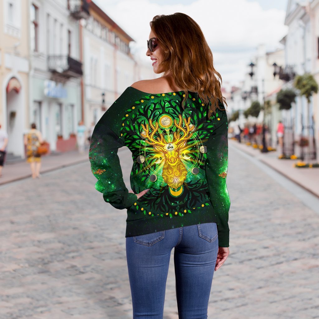 Celtic Pagan Deer Women's Off Shoulder Sweater - Moon Phases Deer with Tree of Life - Vibe Hoodie Shop