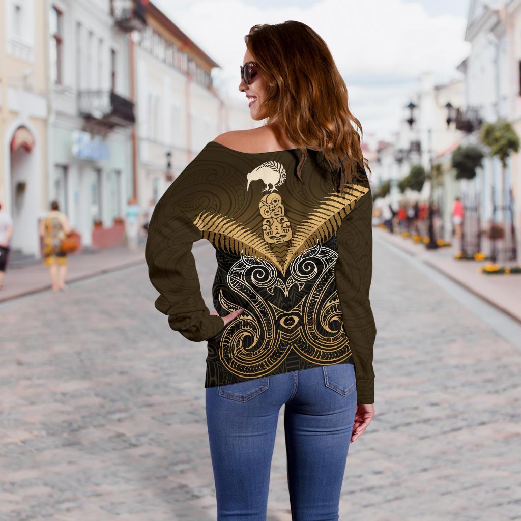 Maori Manaia New Zealand Off Shoulder Sweater Gold - Vibe Hoodie Shop