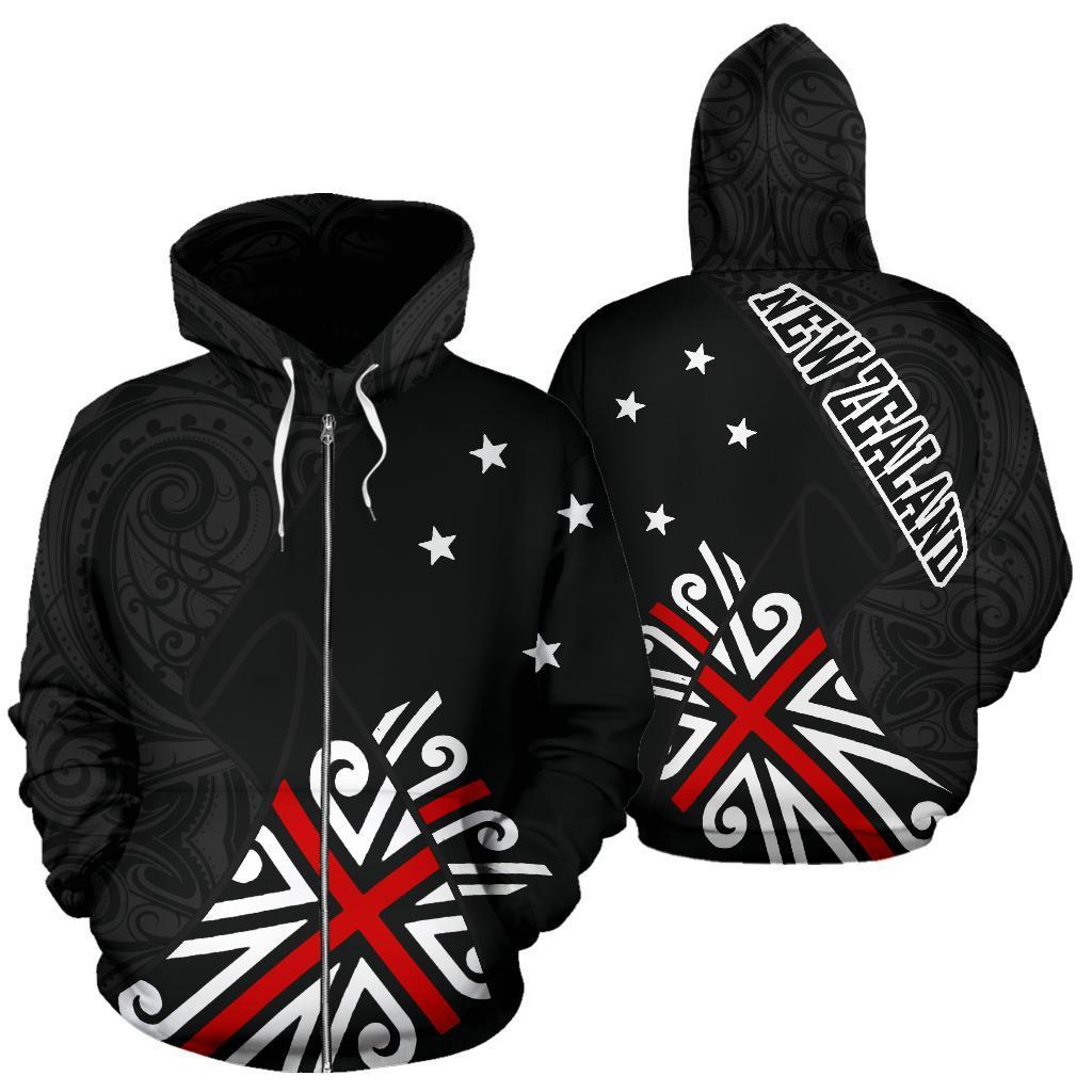 New Zealand Maori Hoodie, Black Jack Flag Full Zip Hoodie - Vibe Hoodie Shop