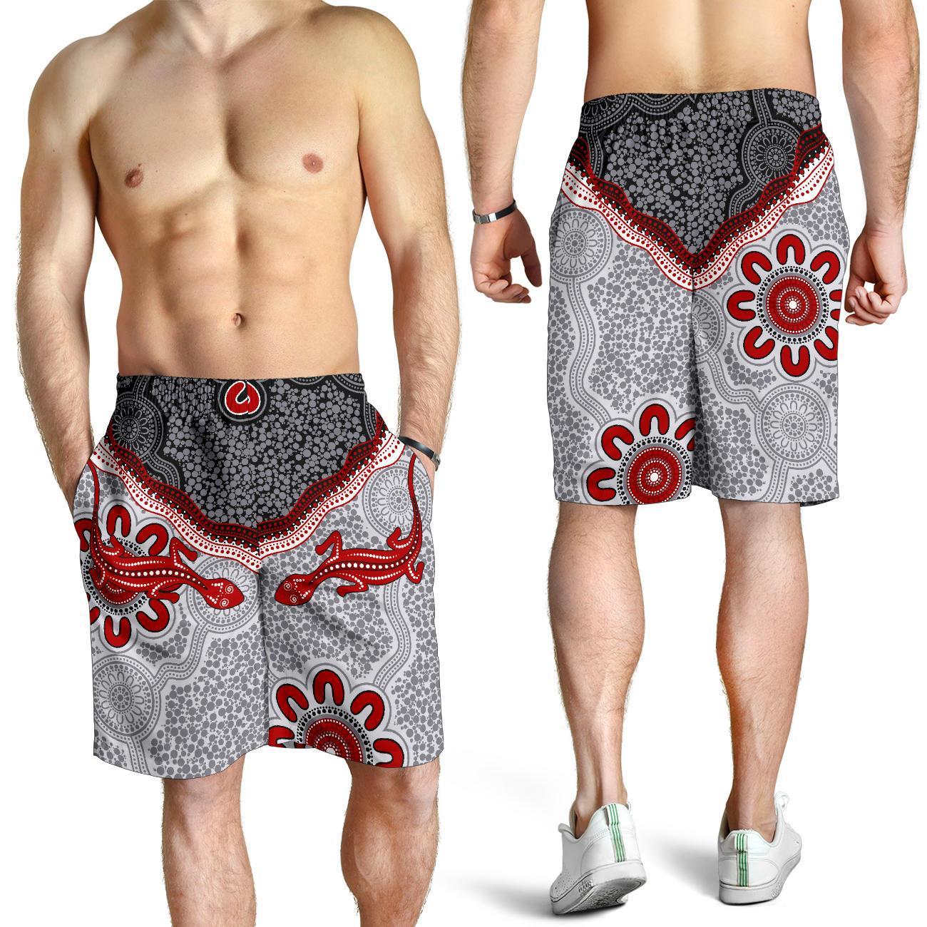 Aboriginal Men's Shorts - Indigenous Boomerang and Lizard Art - Vibe Hoodie Shop