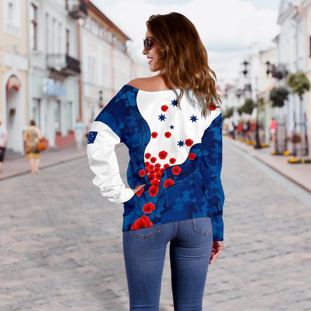 ANZAC Lest We Forget Women's Off Shoulder Sweater - Australian Flag Blue - - Vibe Hoodie Shop