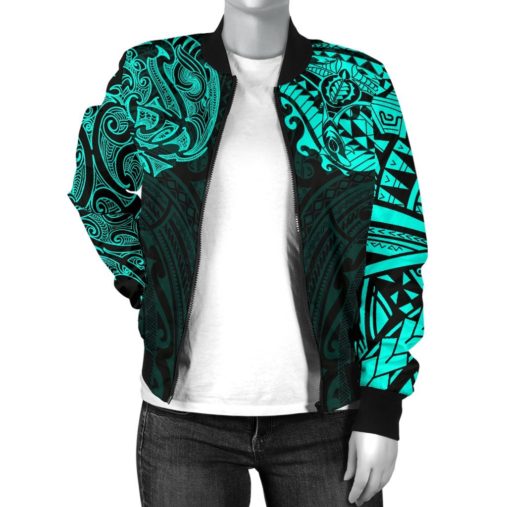 New Zealand Women's Bomber Jacket, Maori Polynesian Tattoo Turquoise - Vibe Hoodie Shop