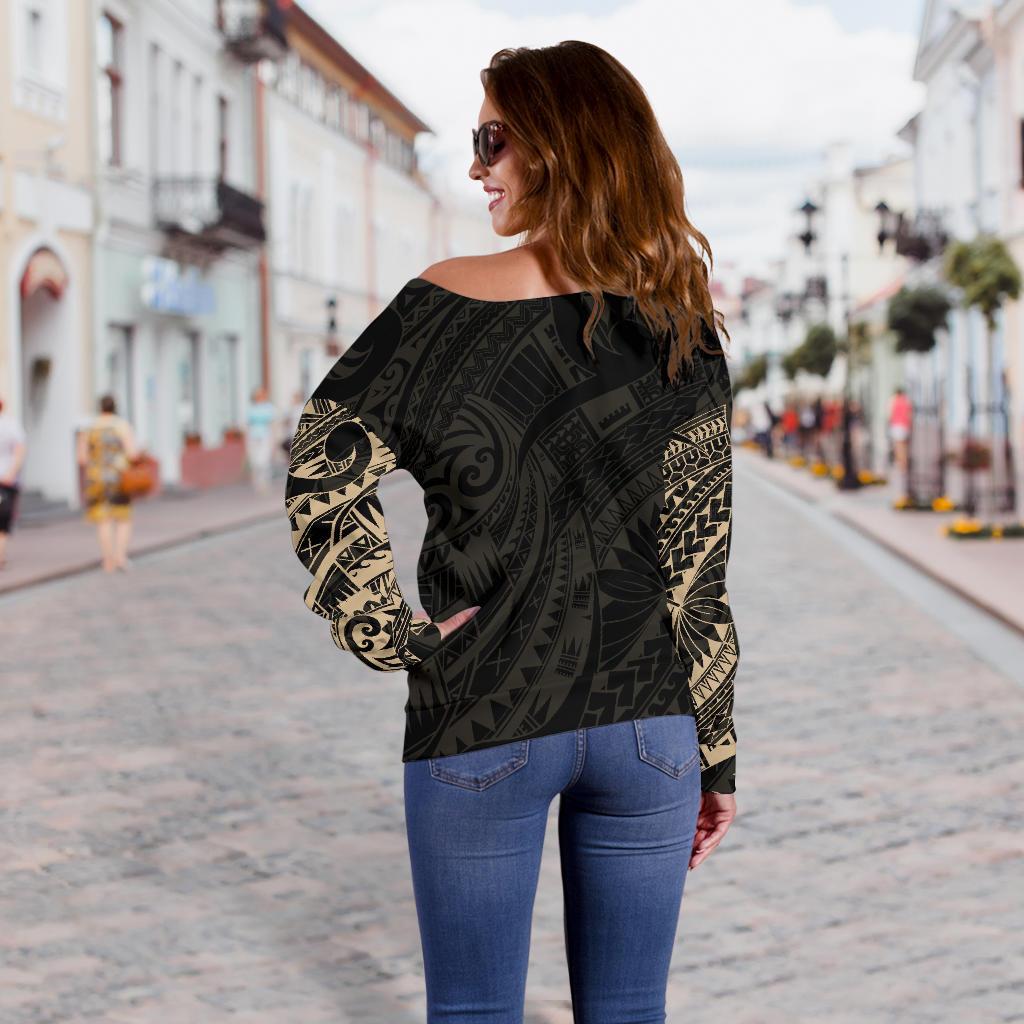 New Zealand Off Shoulder Sweater, Maori Turtle Tattoo - Gold - Vibe Hoodie Shop