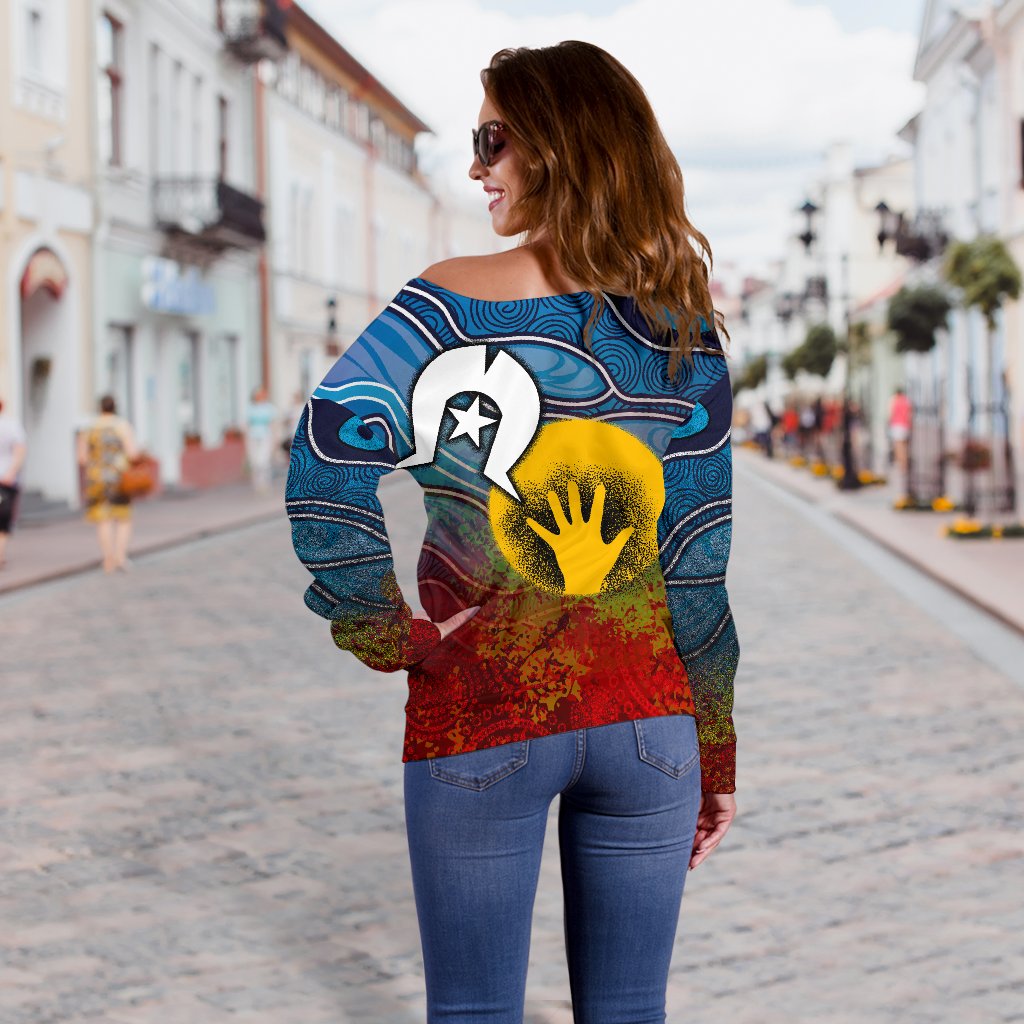 Aboriginal Women's Off Shoulder Sweater - Aboriginal and Torres Strait Islanders Flag - Vibe Hoodie Shop