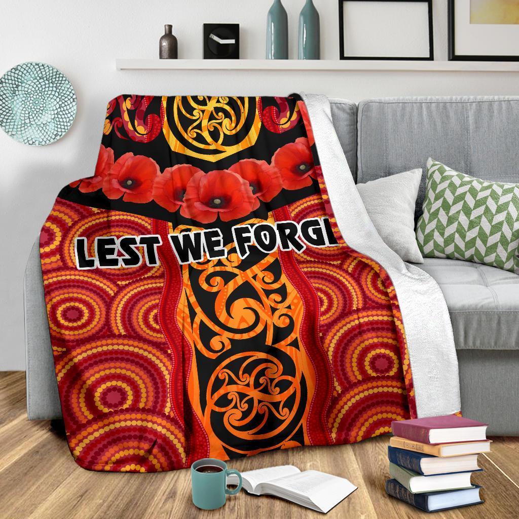 ANZAC Lest We Forget Poppy Premium Blanket New Zealand Maori Silver Fern - Australia Aboriginal - Vibe Hoodie Shop