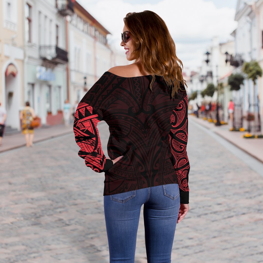 New Zealand Women's Off Shoulder Sweater, Maori Polynesian Tattoo Red - Vibe Hoodie Shop