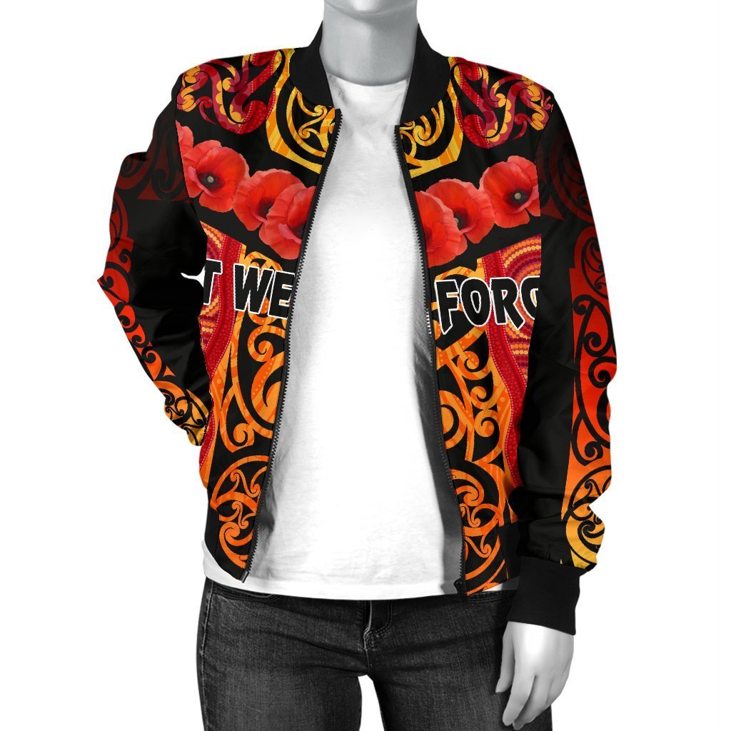 ANZAC Lest We Forget Poppy Women Bomber Jacket New Zealand Maori Silver Fern - Australia Aboriginal - Vibe Hoodie Shop