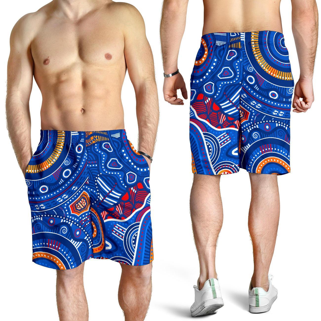 Aboriginal Men's Shorts - Indigenous Footprint Patterns Blue Color - Vibe Hoodie Shop