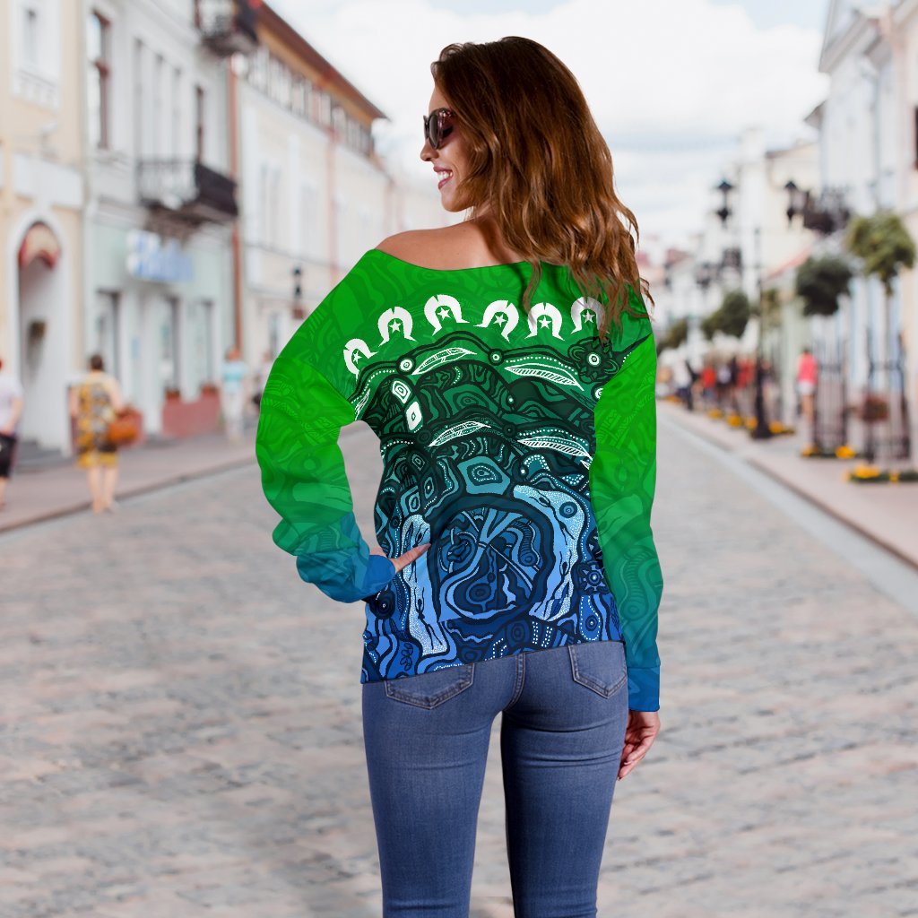 Custom Torres Strait Islands Off Shoulder Sweater - Blue - Vibe Hoodie Shop