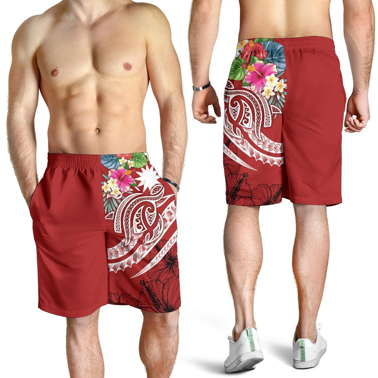 Nauru Polynesian Men's Shorts - Summer Plumeria (Red) - Vibe Hoodie Shop