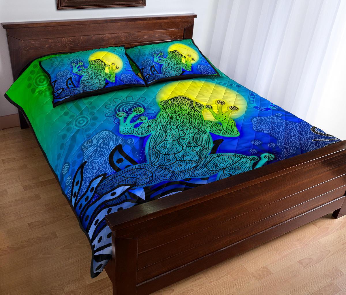 Custom Aboriginal Quilt Bed Set - Indigenous Frog (Blue) - Vibe Hoodie Shop