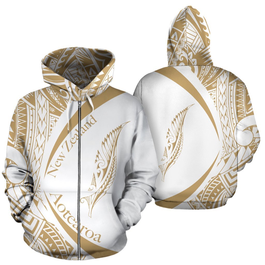 New Zealand Silver Fern Zip Hoodie Maori Tattoo Circle Style - White - Vibe Hoodie Shop