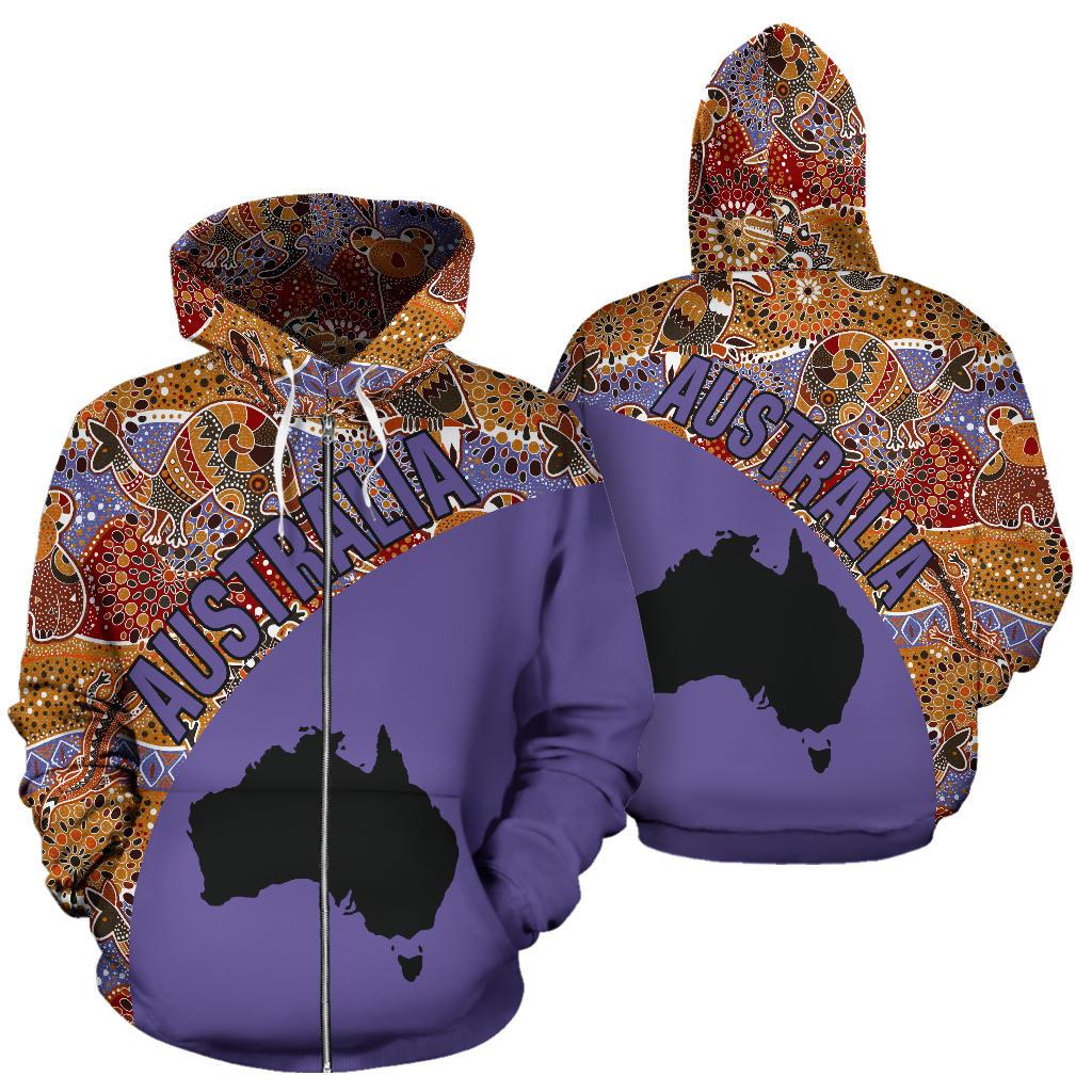 Aboriginal Zip Up Hoodie, Australia Map Patterns Koala Kangaroo 01 - Vibe Hoodie Shop