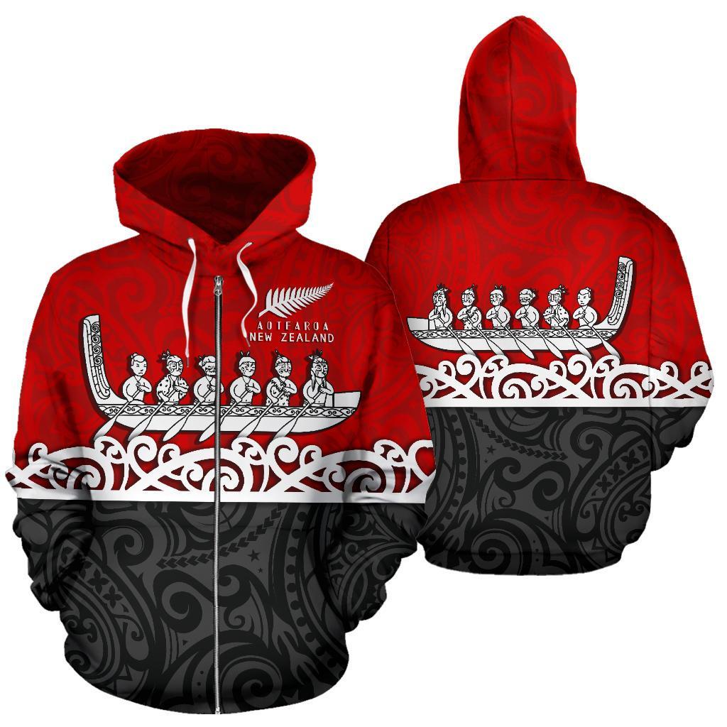 New Zealand Zip Up Hoodie, Maori Waka Zipper Hoodie Red - Vibe Hoodie Shop