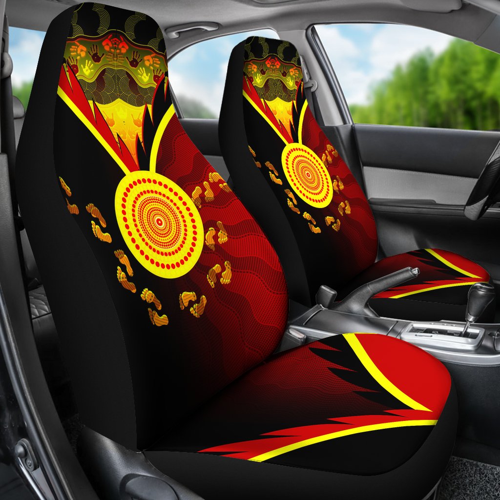 Aboriginal Car Seat Covers - Indigenous Flag With Footprint Hand Art - Vibe Hoodie Shop