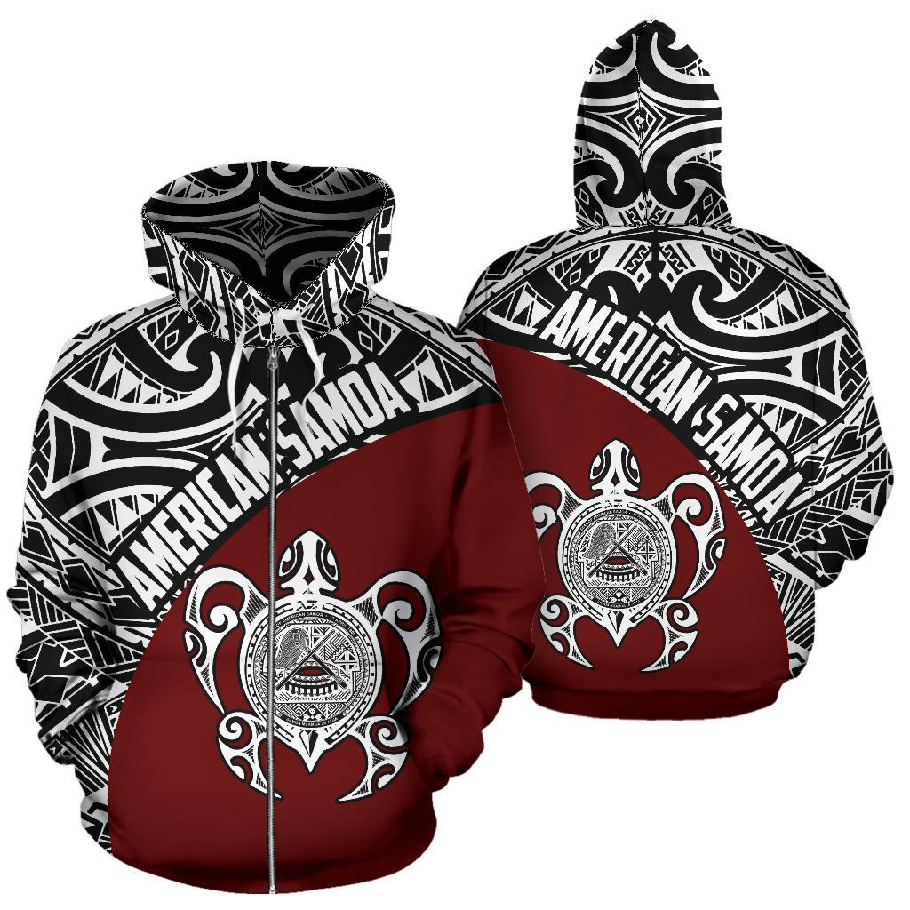 American Samoa Hoodie Turtle With Coat Of Arms - Wave Style (Red) (Zip) - Vibe Hoodie Shop