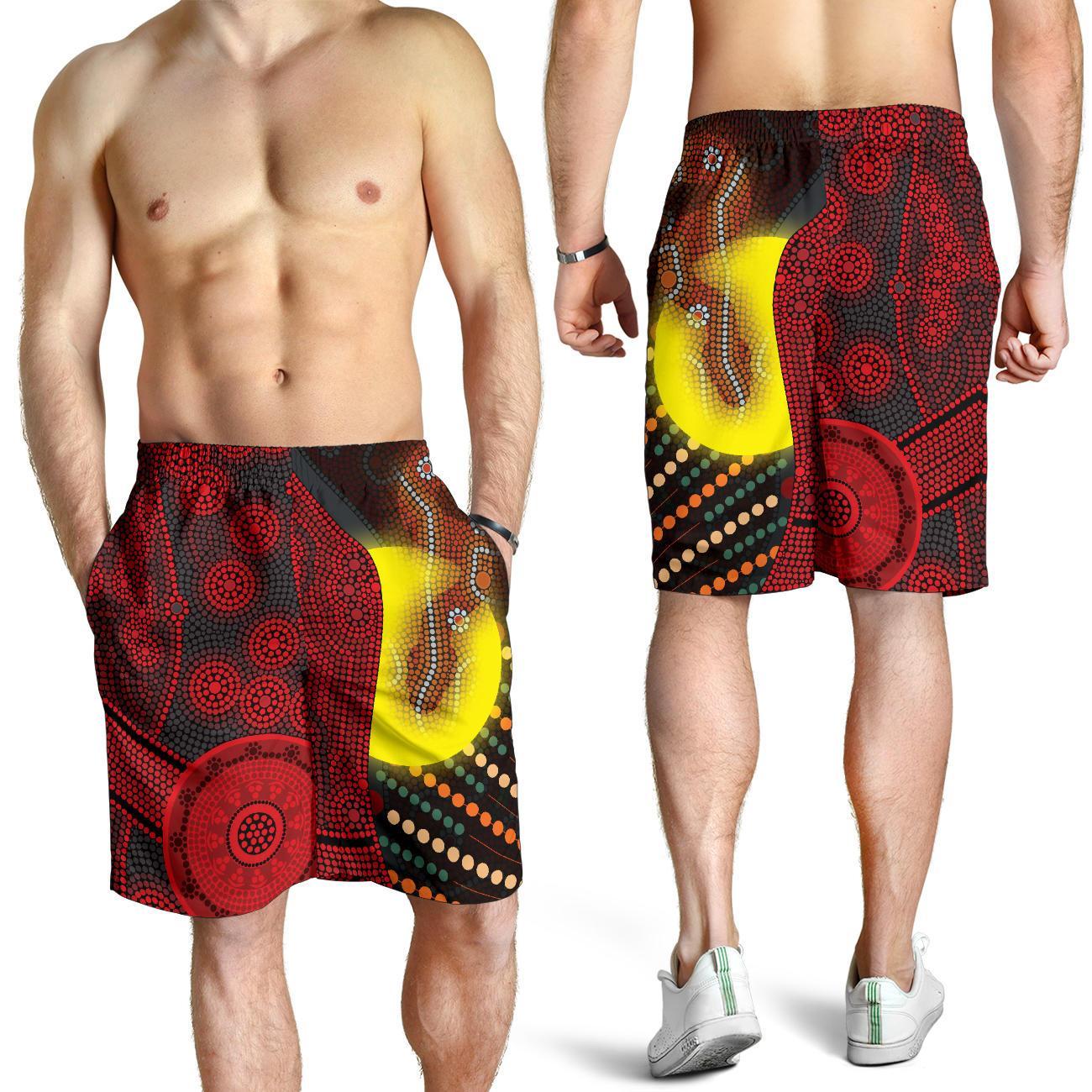 Aboriginal Men's Shorts - Indigenous Snake Sun Dot Painting - Vibe Hoodie Shop