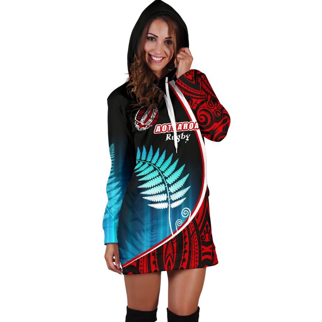 Aotearoa Rugby Black Maori Women Hoodie Dress Kiwi and Silver Fern New Zealand - Vibe Hoodie Shop