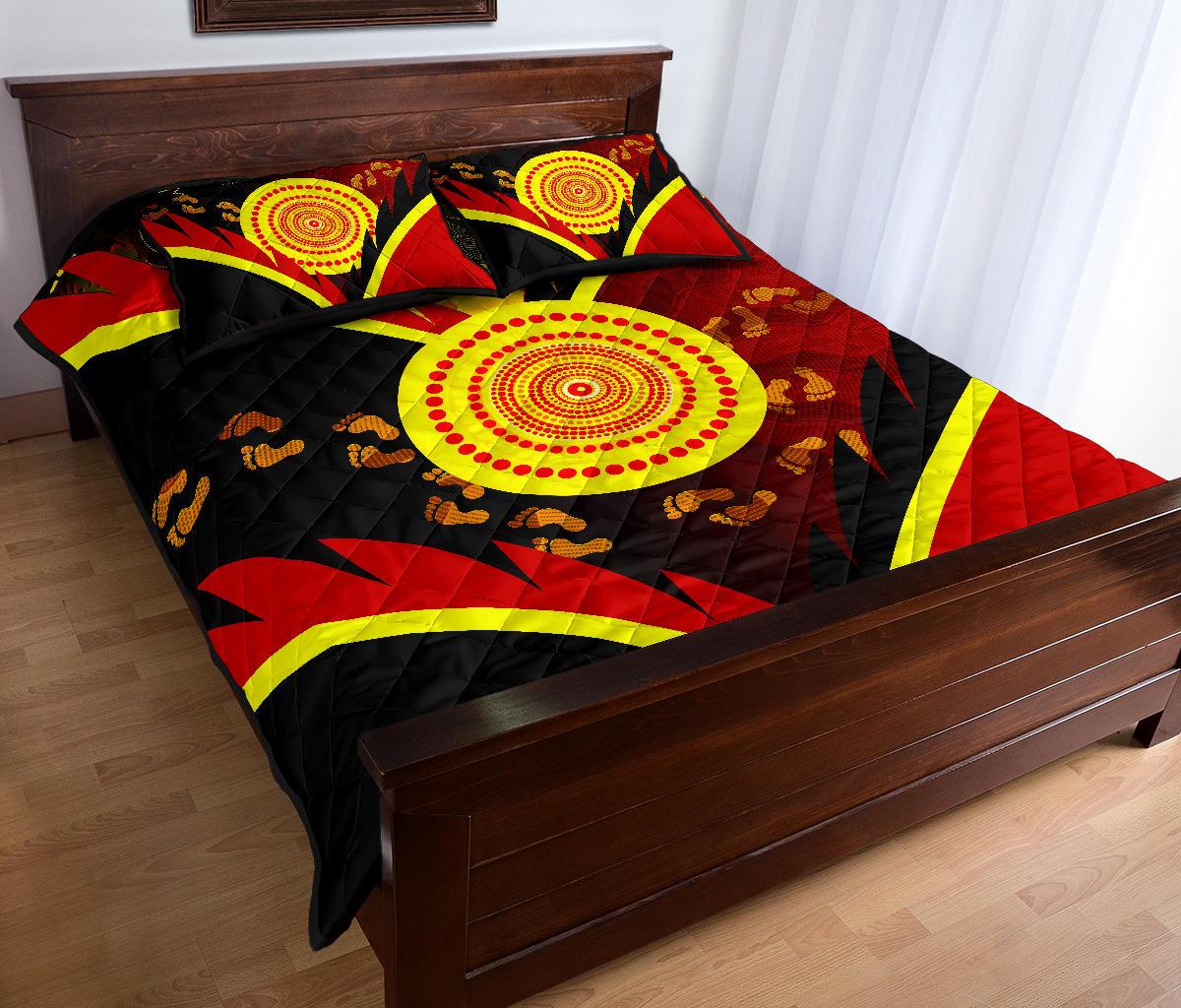 Aboriginal Quilt Bed Set - Indigenous Flag With Footprint Hand Art - Vibe Hoodie Shop