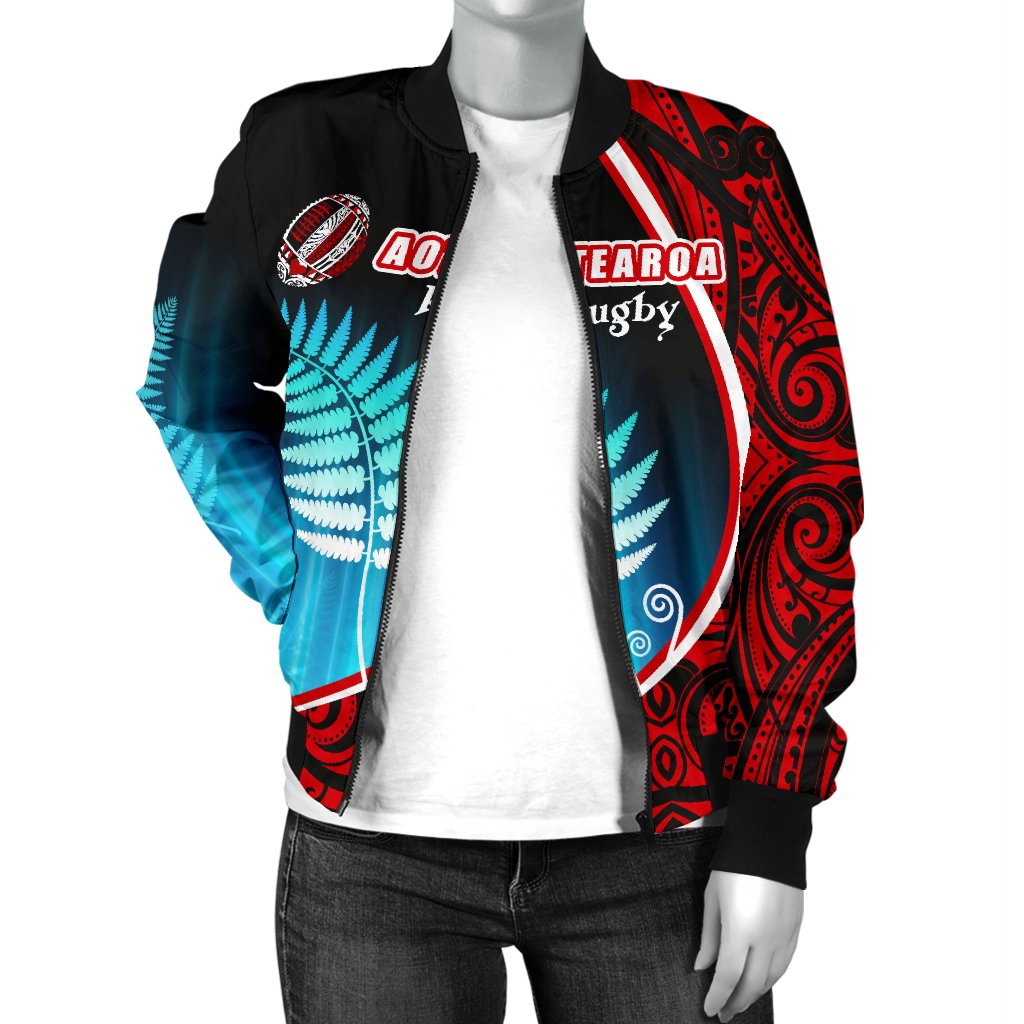 Aotearoa Rugby Black Maori Women Bomber Jacket Kiwi and Silver Fern New Zealand - Vibe Hoodie Shop