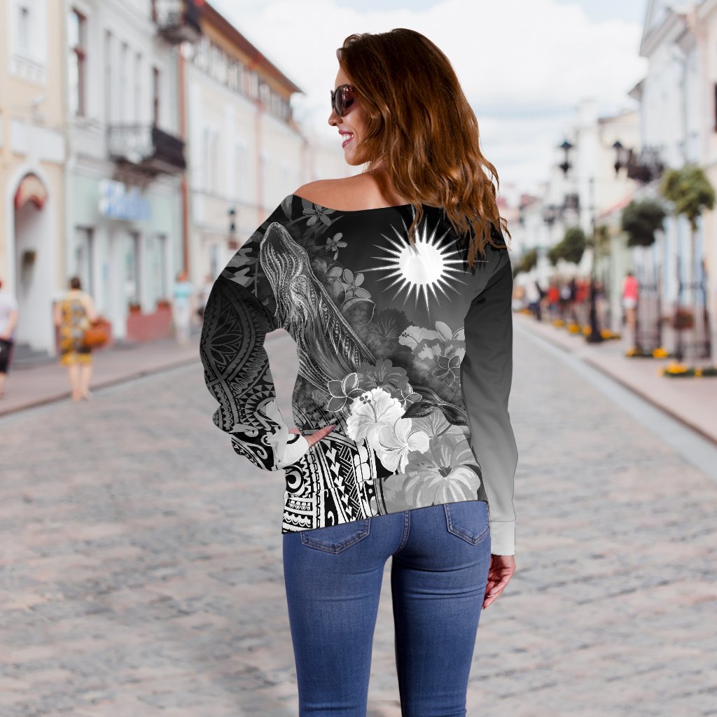 Marshall Islands Custom Personalised Women's Off Shoulder Sweater - Humpback Whale with Tropical Flowers (White) - Vibe Hoodie Shop