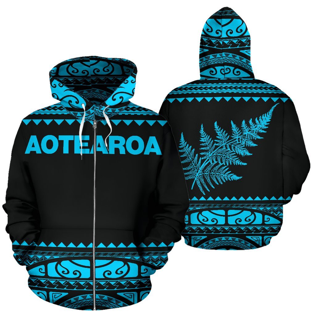 New Zealand Maori Zip Up Hoodie, Aotearoa Silver Fern Zipper Hoodie Blue - Vibe Hoodie Shop