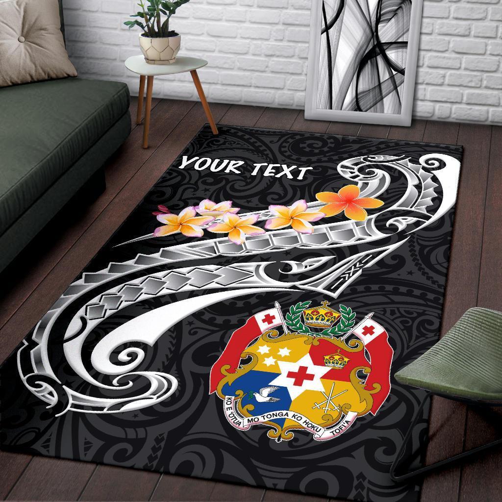 Tonga Custom Personalised Area Rug - Tonga Seal Polynesian Patterns Plumeria (Black) - Vibe Hoodie Shop