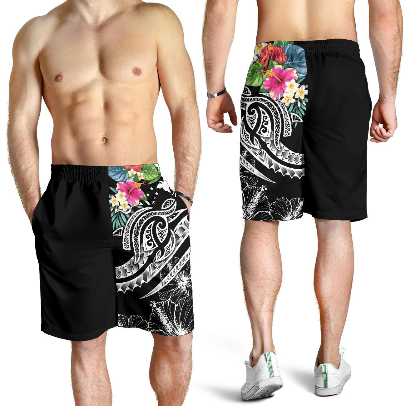 Papua New Guinea Polynesian Men's Shorts - Summer Plumeria (Black) - Vibe Hoodie Shop