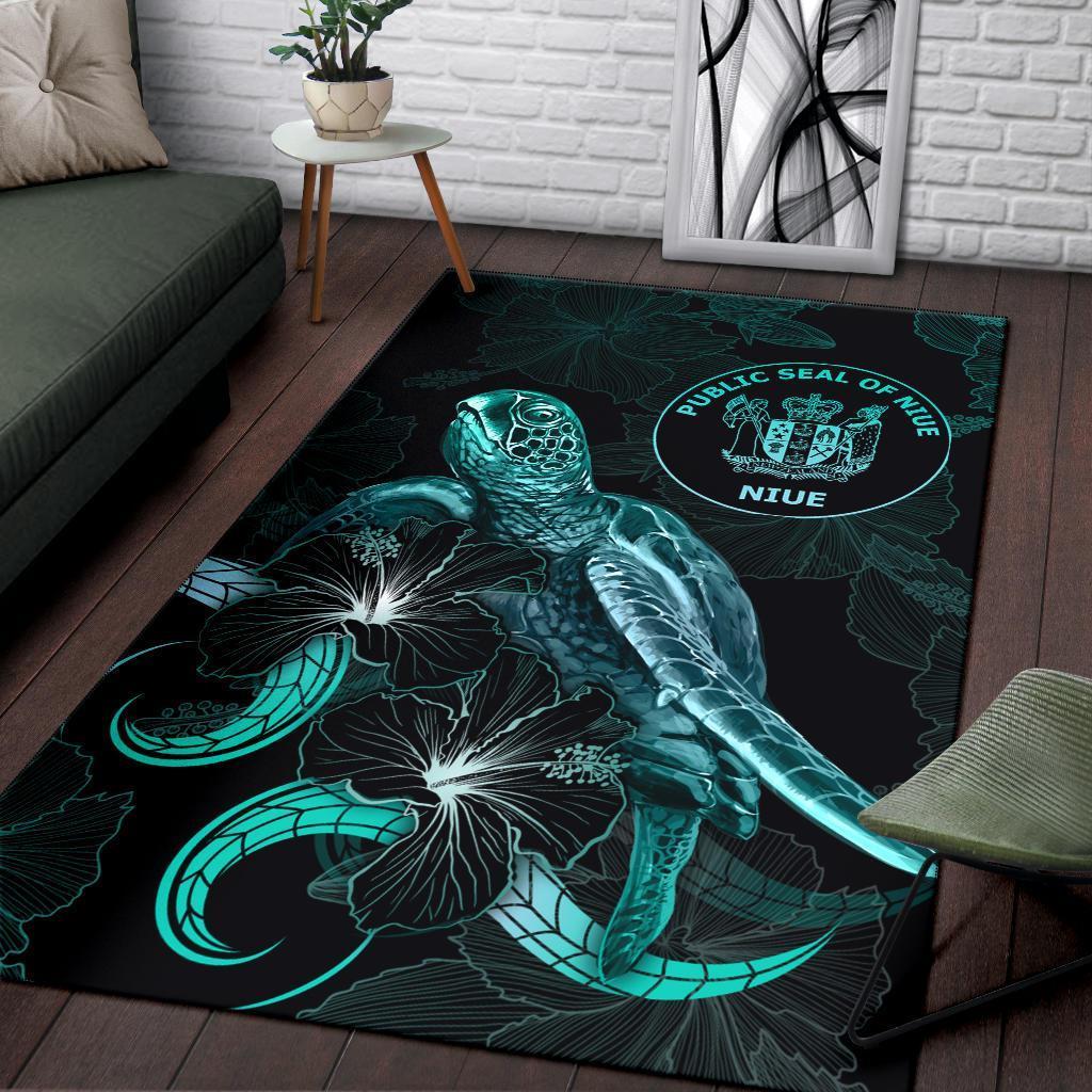 Niue Polynesian Area Rugs - Turtle With Blooming Hibiscus Turquoise - Vibe Hoodie Shop