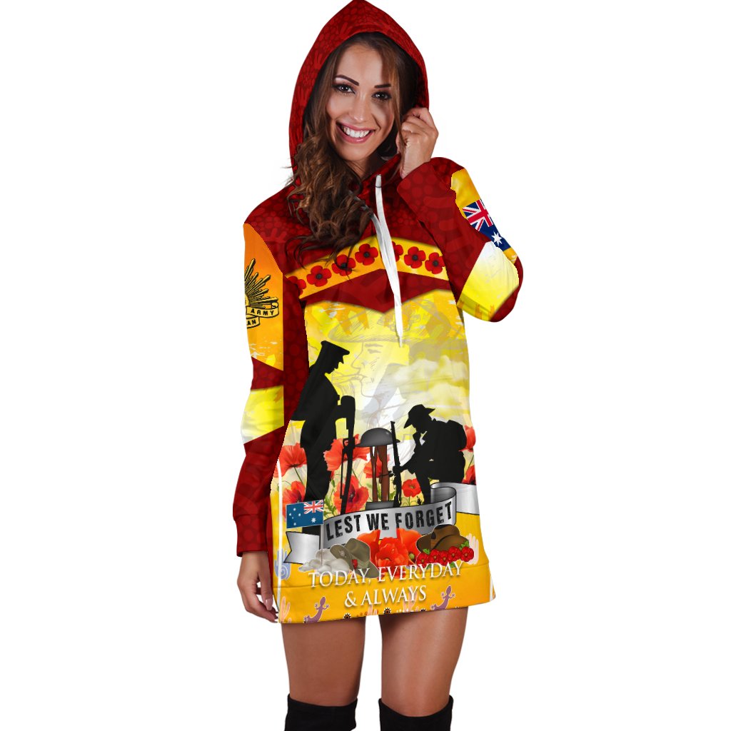 ANZAC Women's Hoodie Dress - Lest We Forget Aboriginal Version - Vibe Hoodie Shop