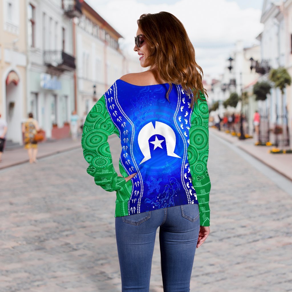 Custom Torres Strait Islanders Women's Off Shoulder Sweater - Torres Symbol With Aboriginal Patterns - Vibe Hoodie Shop