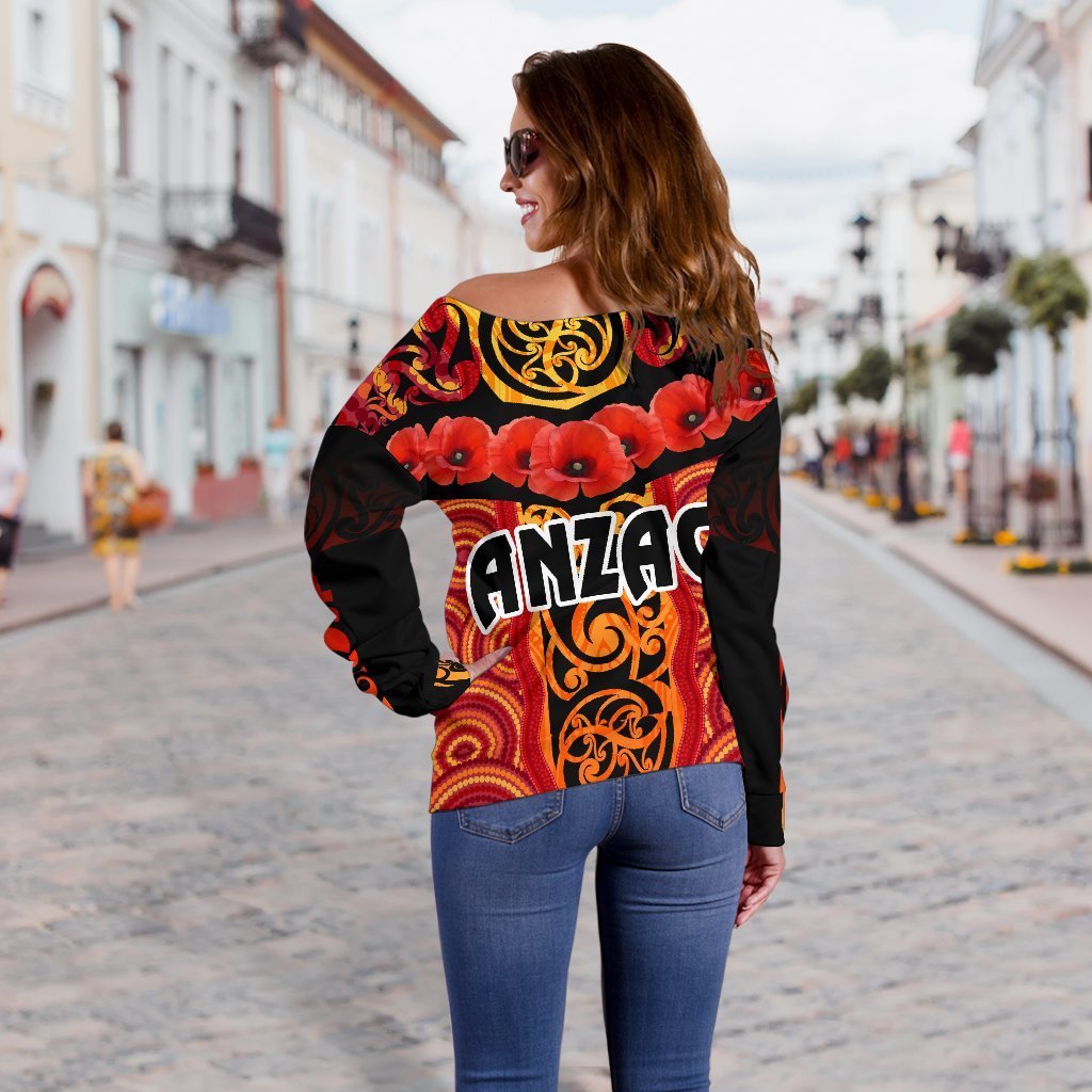 ANZAC Lest We Forget Poppy Women Off Shoulder Sweater New Zealand Maori Silver Fern - Australia Aboriginal - Vibe Hoodie Shop