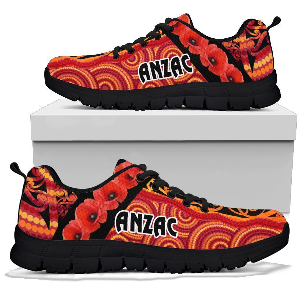 ANZAC Lest We Forget Poppy Sneakers New Zealand Maori Silver Fern - Australia Aboriginal - Vibe Hoodie Shop