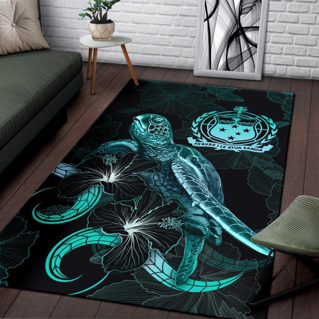 Samoa Polynesian Area Rugs - Turtle With Blooming Hibiscus Turquoise - Vibe Hoodie Shop