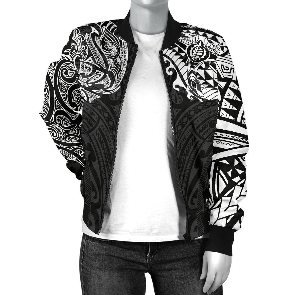 New Zealand Women's Bomber Jacket, Maori Polynesian Tattoo White - Vibe Hoodie Shop