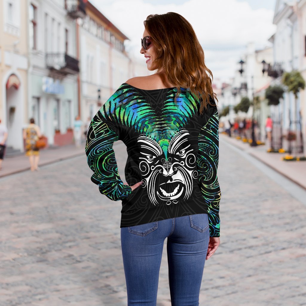 New Zealand Maori Moko Women's Off Shoulder Sweater Paua Shell - Vibe Hoodie Shop