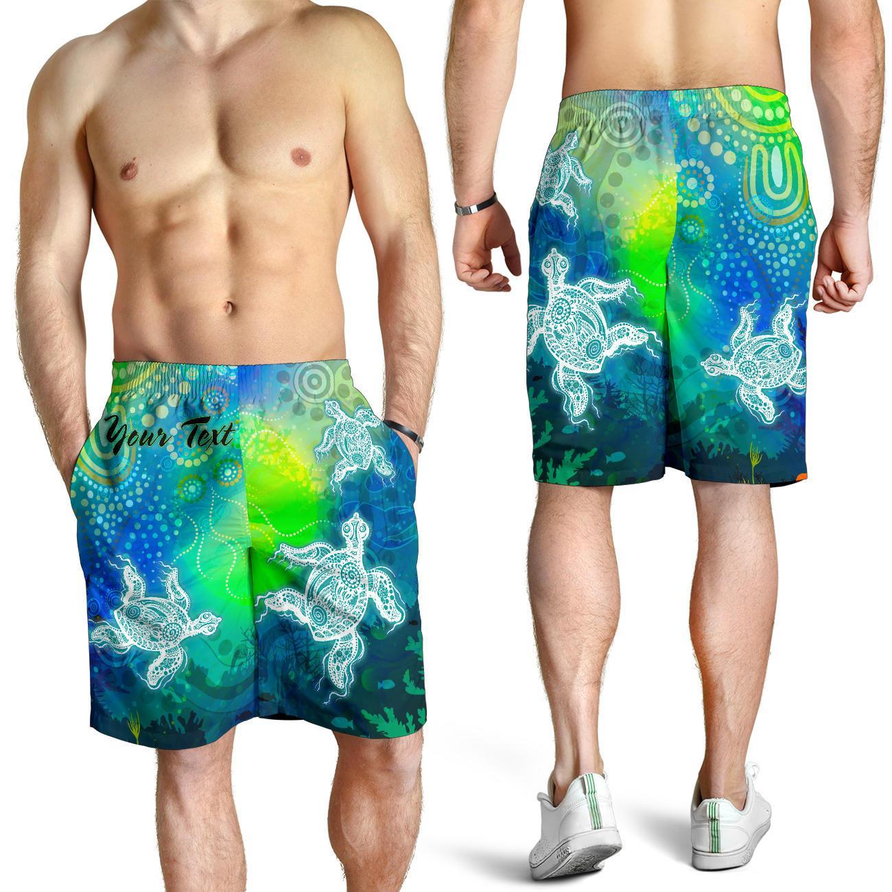 Custom Text Aboriginal Men's Shorts - Indigenous Turtle Ocean Dot Painting Art - Vibe Hoodie Shop