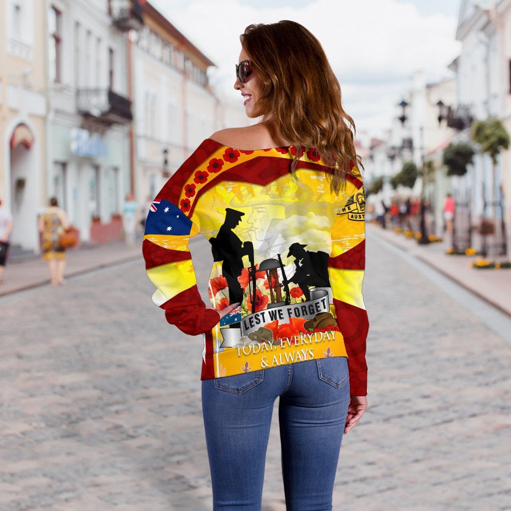 ANZAC Women's Off Shoulder Sweater - Lest We Forget Aboriginal Version - Vibe Hoodie Shop