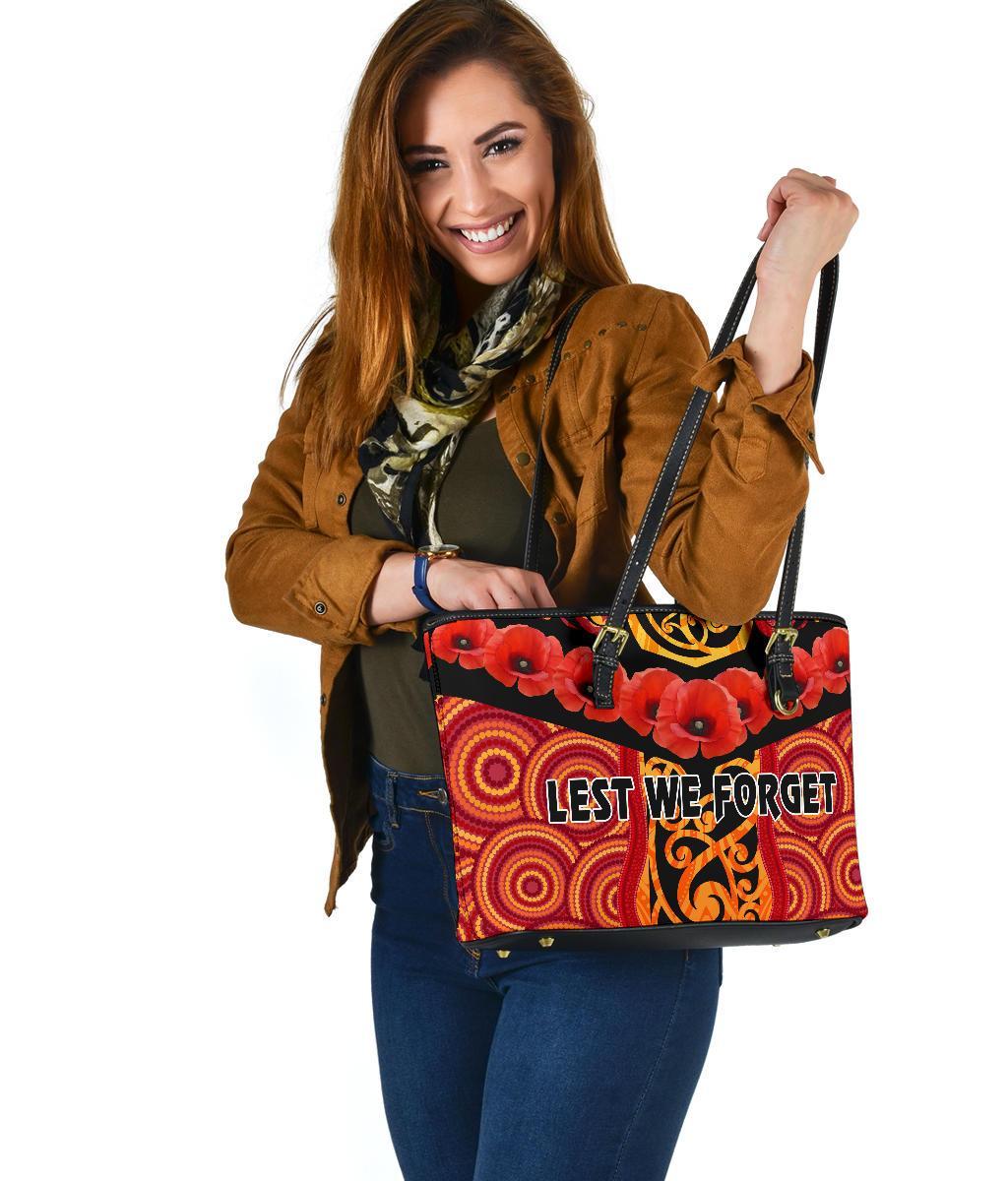 anzac-lest-we-forget-poppy-small-leather-tote-new-zealand-maori-silver-fern-australia-aboriginal