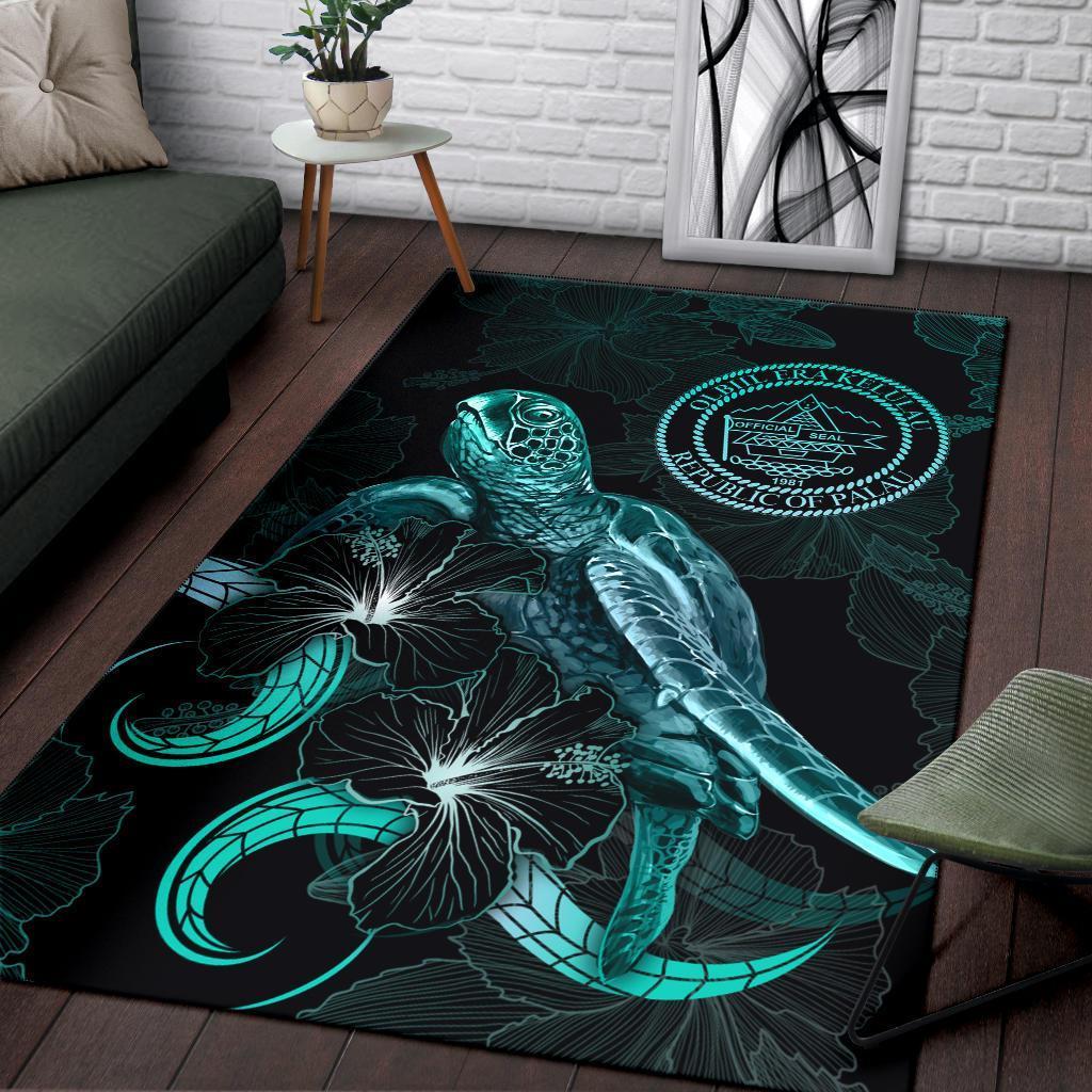 Palau Polynesian Area Rugs - Turtle With Blooming Hibiscus Turquoise - Vibe Hoodie Shop